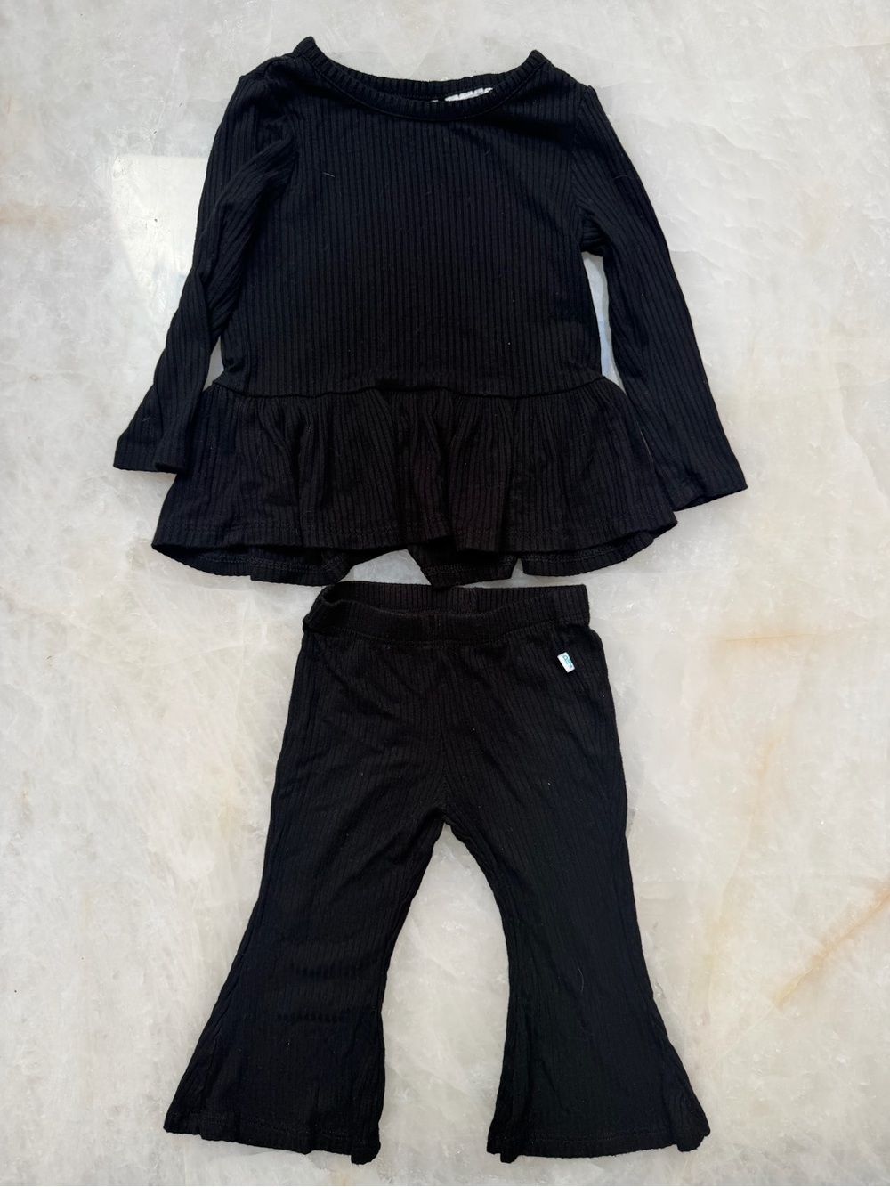 Posh peanut Black Ribbed Top & bell bottom Pants Set - Long Sleeve Peplum